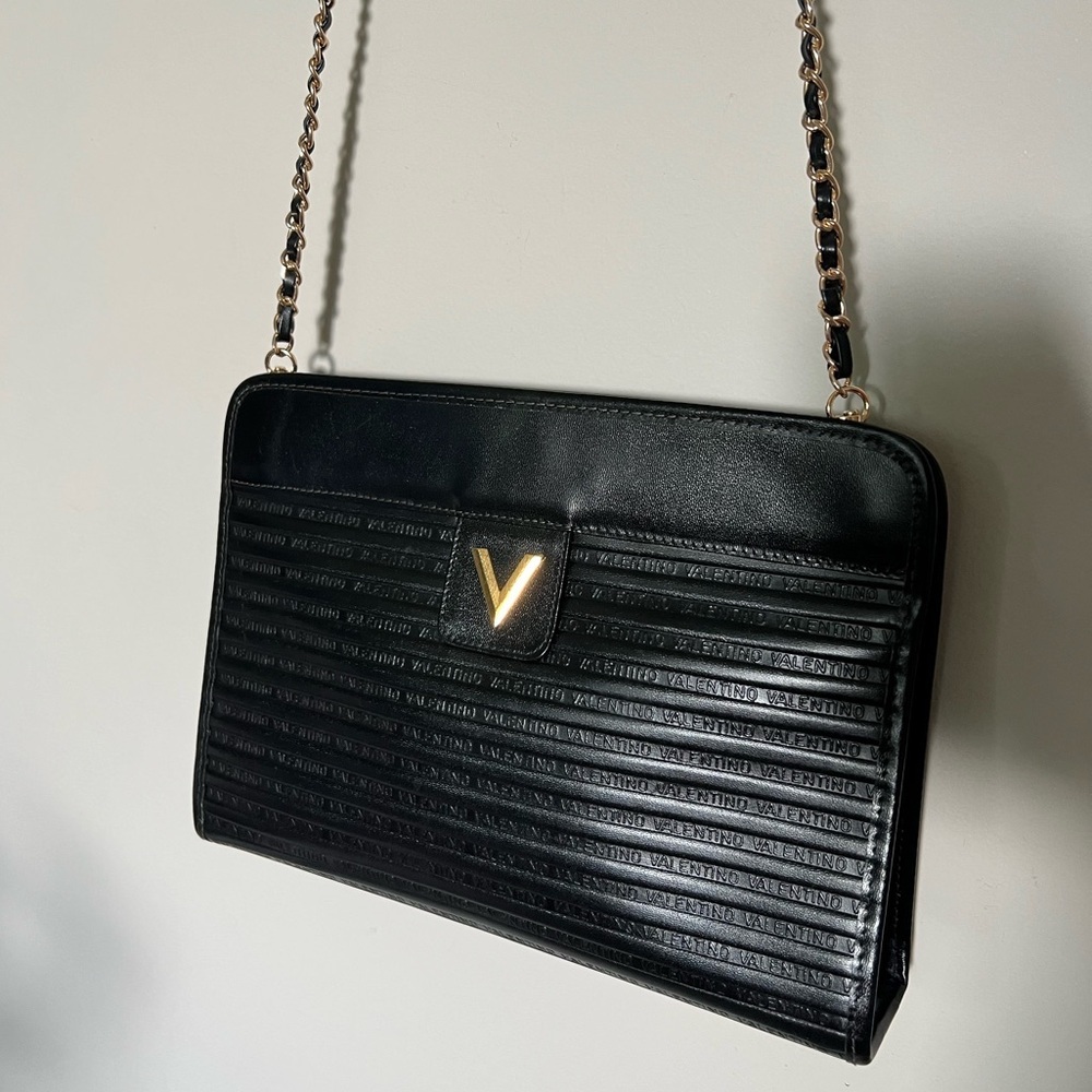 Vintage Black Mario Valentino Leather Clutch/Crossbody with Gold V Accent